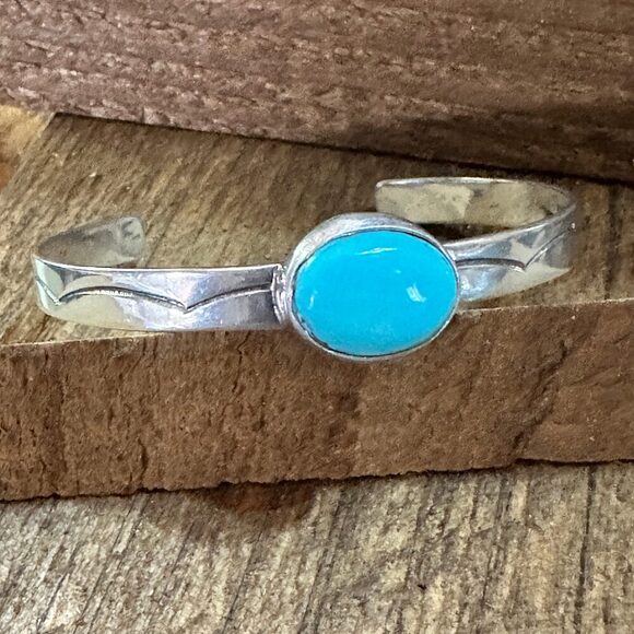 Navajo Sterling Cuff & Kingman Turquoise Cuff Bracelet, Signed - Picture 5 of 7